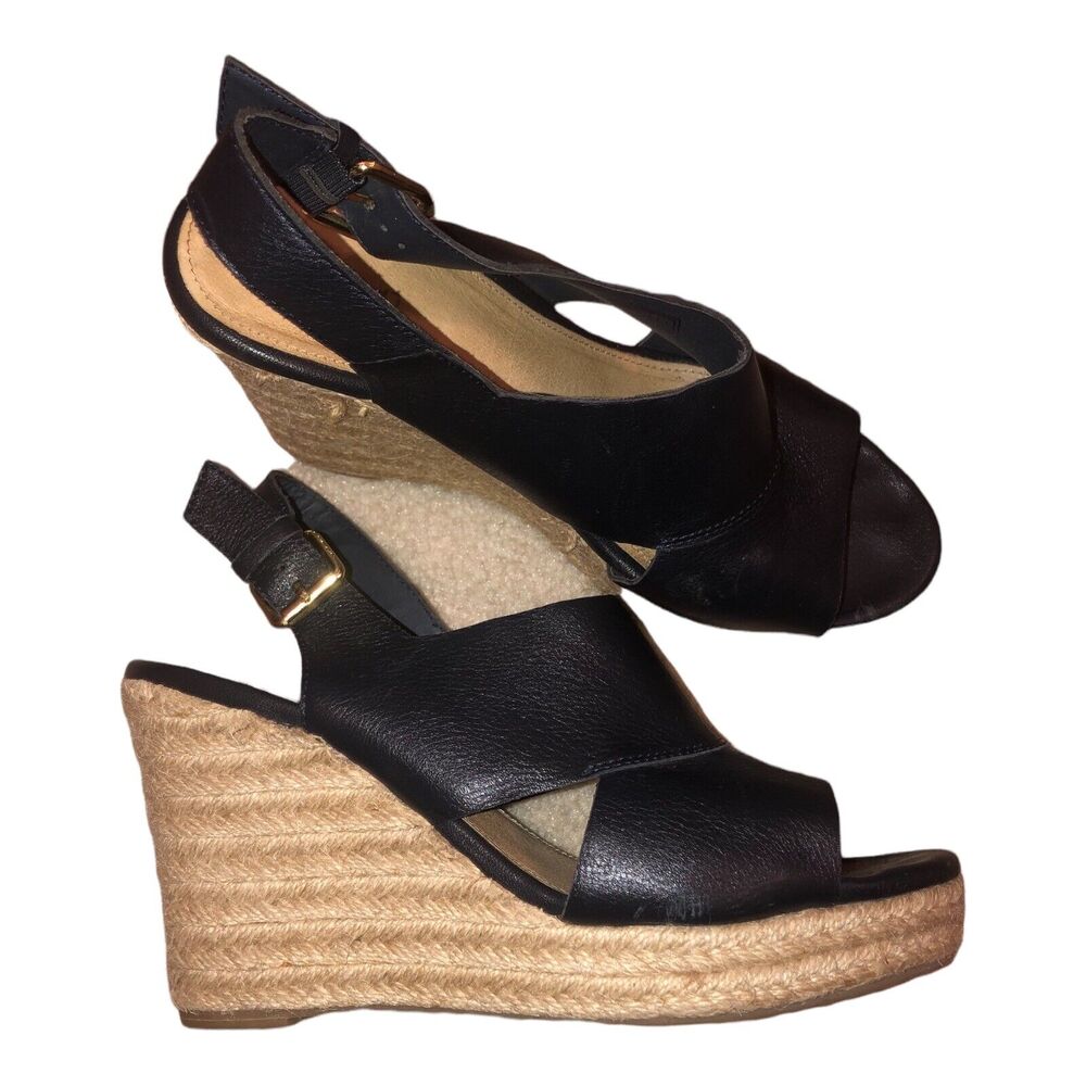 Lands' End Women's Cross Band Wedge Low‎ Sandal Black 8.5 470900